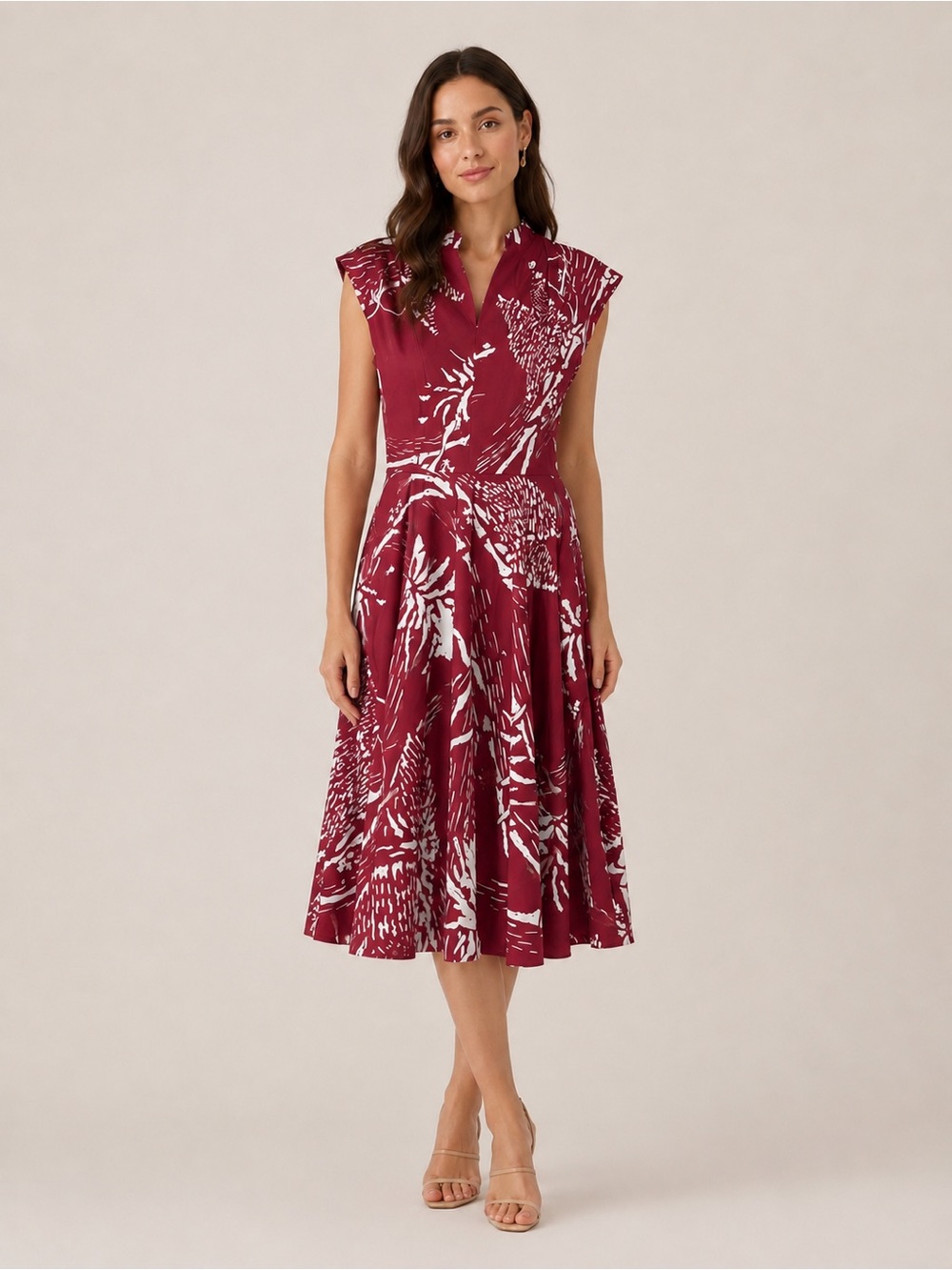 Women’s XS Burgundy White Abstract Print Fit & Flare Midi Dress